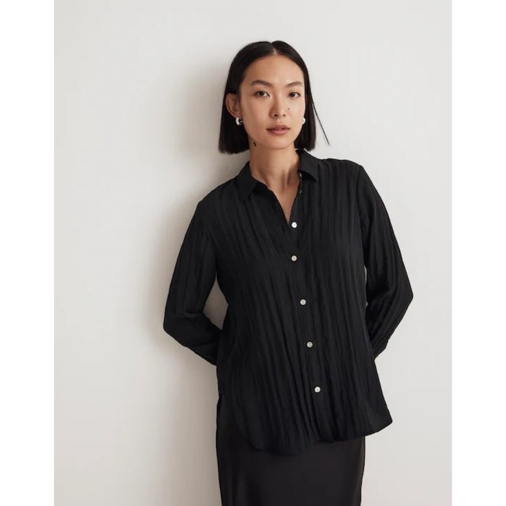 Madewell Relaxed Button Down Shirt Black Crinkle Viscose NN598 Size M
